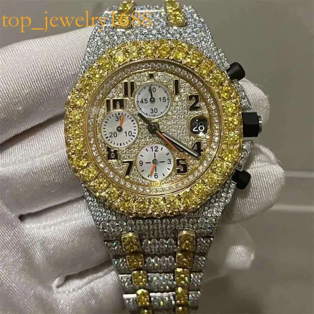 10a Designer zegarki Royal Sier Moissanite Gold Stones Pass Test Watch Diamonds Wersja Automatyczna ETA Ruch Pełny mrożony 2-tonowy chronograf