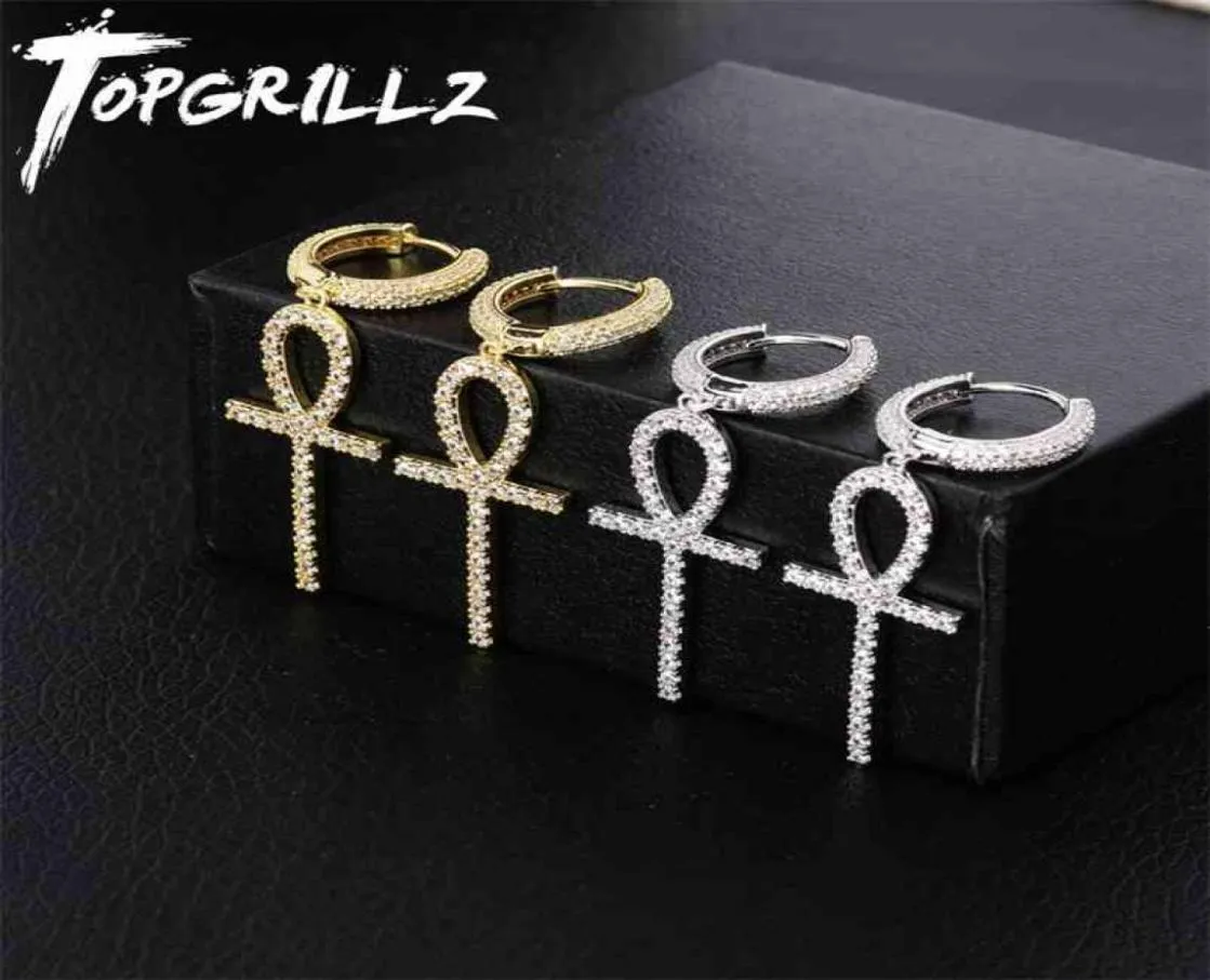 Topgrillz Iced Zircon Ankh Earring Gold Silver Color Micro Paved AAA Bling CZ Stone Earrings for Man Women Hip Hop Jewelry 2106169529054