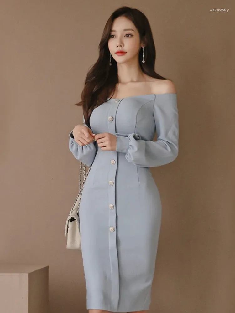 Casual Dresses Spring Ladies Solid Work Style Formell Women kläder Elegant Office Pendla Sexig off-shoulder Slim Dress Robe Vestido