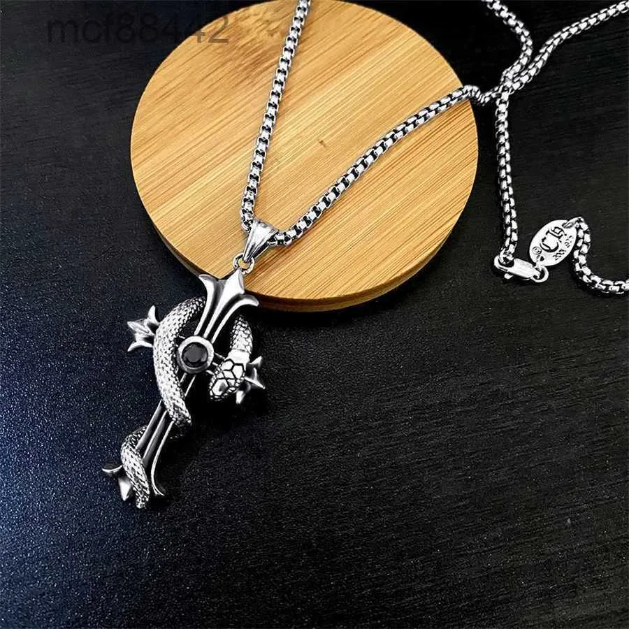 Chaopai Spirit Snake Cross Shaped Pendant in Thai Silver Black Enamel Chaoren Old Jewelry for Men and Women Necklace