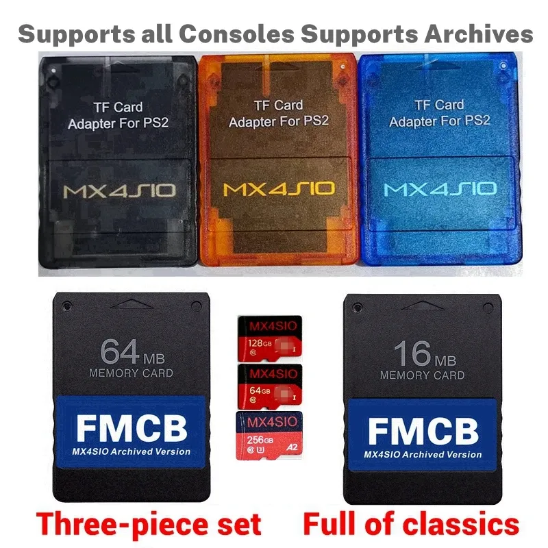 Cartes Compatibilité supérieure MX4SIO SIO2SD SD TF Card Adaptateur pour toutes les consoles PS2 + carte FMCB MCBOOT gratuite + kit 256G / 128G / 64G