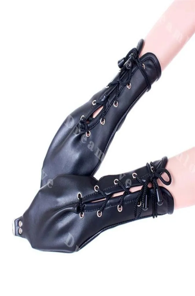 Female Bondage Gloves Fist Mitts Pony Play PU Leather Suspension Mittens with Strong Lace Up and Metal DRing Y04069995172