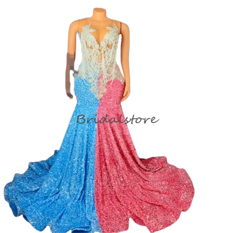 Sequin Aso Ebi Prompes 2024 Patchwork Color Blue Pink Romaid Plus Size Вечернее платье для чернокожих женщин хрустальные роскошные роскошные роскошные роскошные платья Vestidos Гала