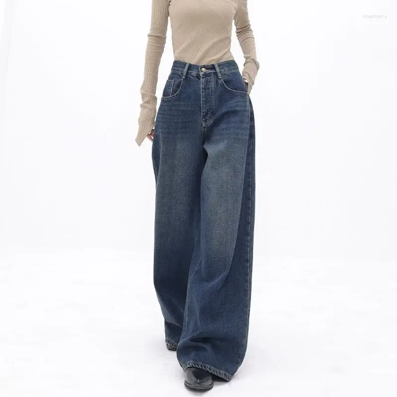 Jeans féminins Blue Cargo 2024 American Retro High Street Wide Jam Leg Pants Couple Harajuku Hip Hop Casual