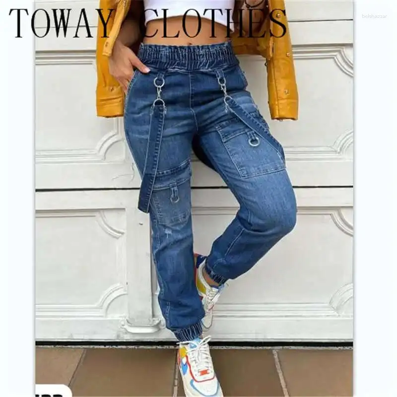 Jeans femminile da donna moda chic elastico cinturini spessi cinghie pantaloni di denim caviglia