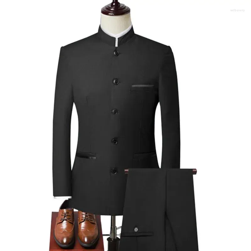 Herenpakken staan Kraagkraag Chinese stijl Slim passende tweedelig pakset / mannelijke Zhong Shan Blazer Jacked jasbroekbroeken 2 PCS