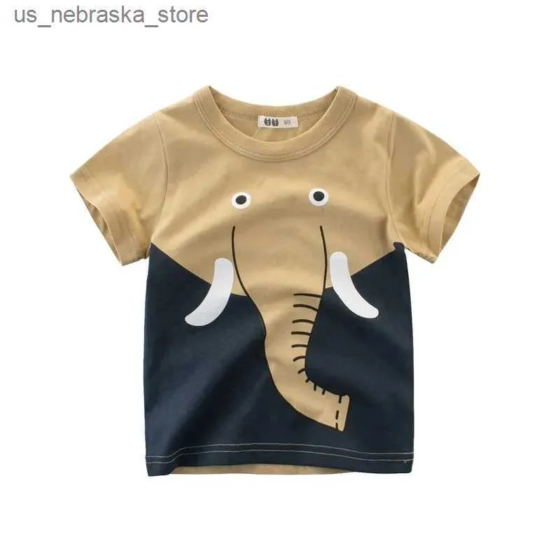 T-shirts 2024 Summer New Cartoon Elephant T-shirt Boys European and American Style Childrens Clothing Cotton Short sleeved Top Q240418