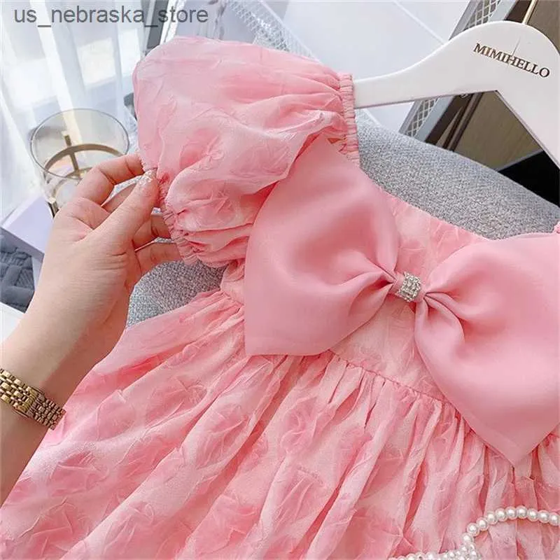 Девушки платья для девочек платье летние звезды элегантное розовое платье принцессы с супер большим луком детской одежда для вечеринки по случаю дня рождения детские пухлые платье Q240418