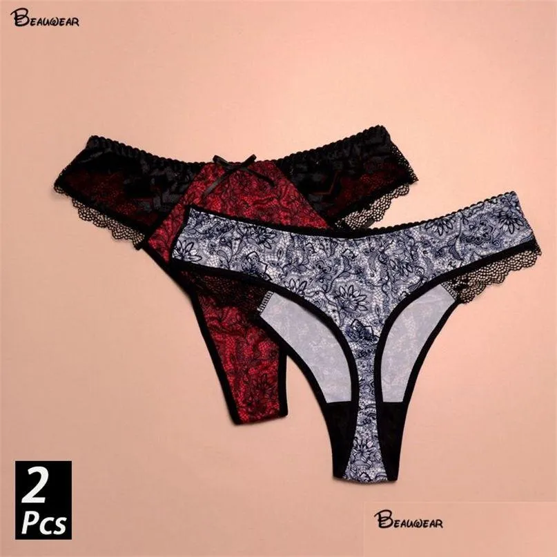 Kvinnors trosor Beauwear 2st/ Lot Femme Y Lingerie Big Size L-5XL mjuka tunna thongs för kvinna spetsbyxor G-sträng elastiska trosor lad dhkqb