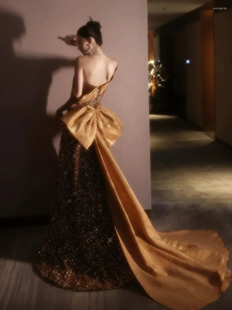 slim fit dress slacks Long Sequin Mermaid Prom Dress with Strappy Open Back Rose Gold / XSmall main image 1