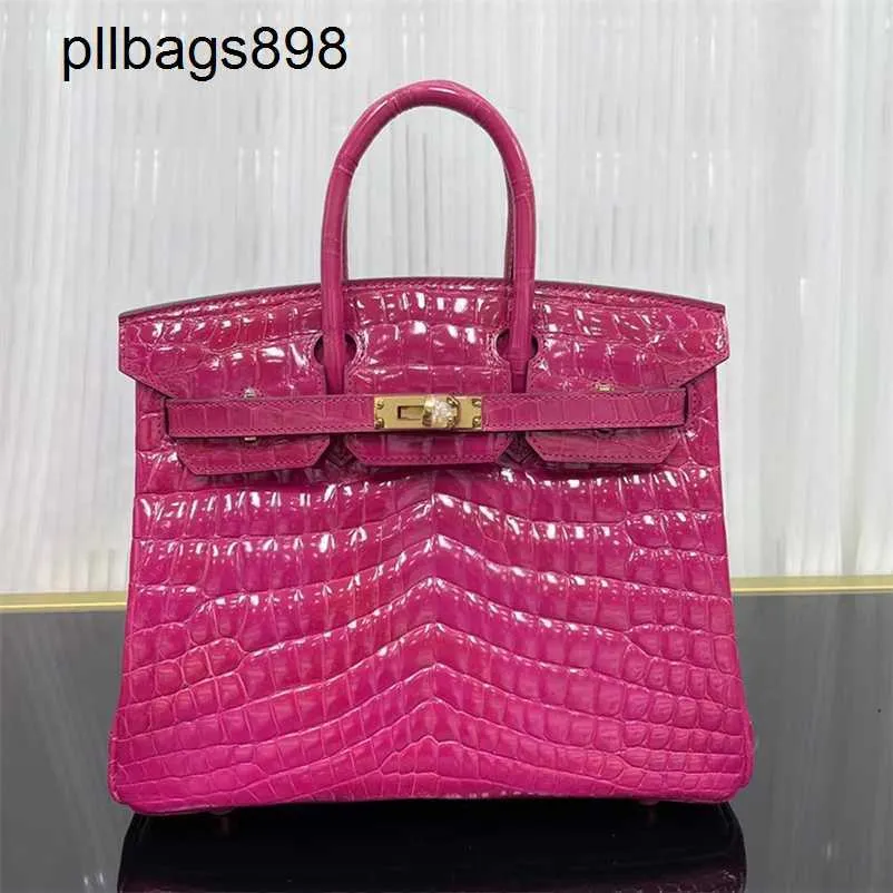Handmade 7a Handbag Bikns Genuine Leather Arch Pearl Crocodile Skin Rose Red 25CM Gold Button Handheld Womens78UW