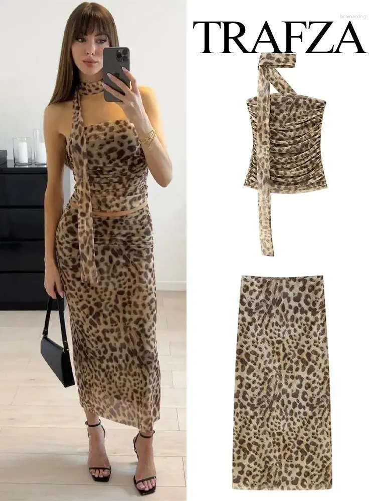 Arbetsklänningar trafza vintage kjol uppsättning för kvinnor 2024 vår leopard tryck kausal kostym hög midja a-line halterneck off-shoulder tube