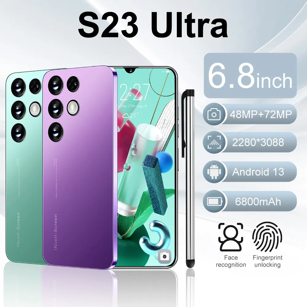 Nouveau téléphone mobile 5G S23 Ultra Smartphone 6.8 Écran HD 8G + 512T 6800MAH 48MP + 72MP Android13 CELULARE Double SIM Face déverrouillée