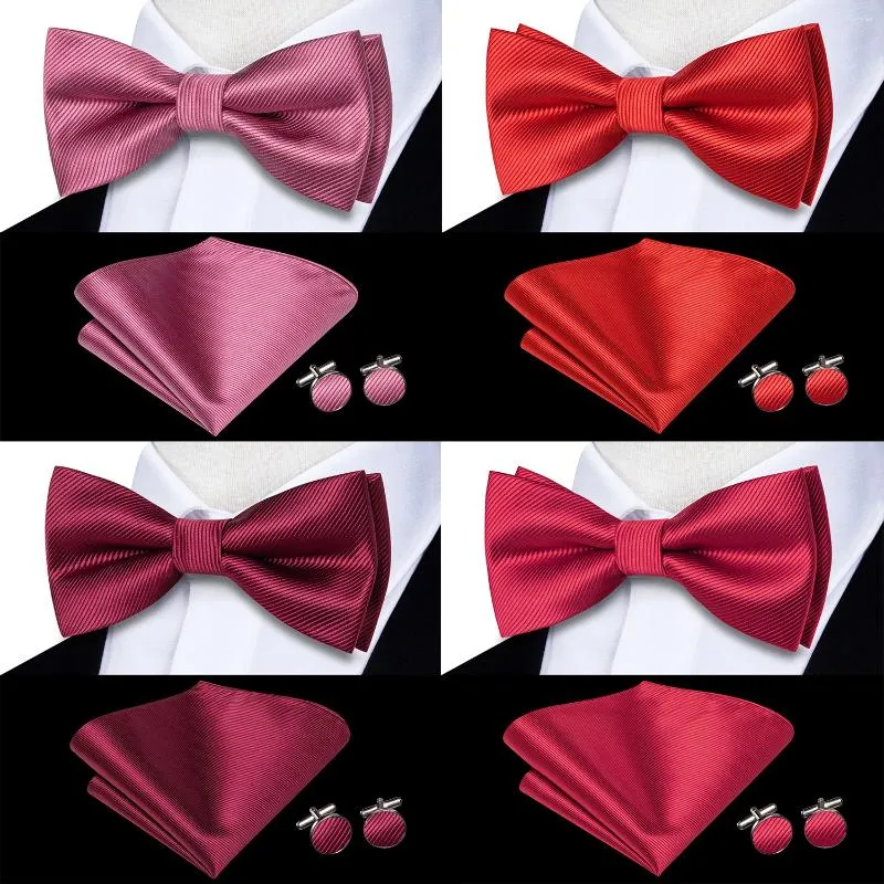 Bow Ties Hi-Tie Silk Mens Tie Tie à bouffées de manchette Hanky Set Rose Red Burgundy Maroon Maroon Pré-noué Bowlie pour hommes