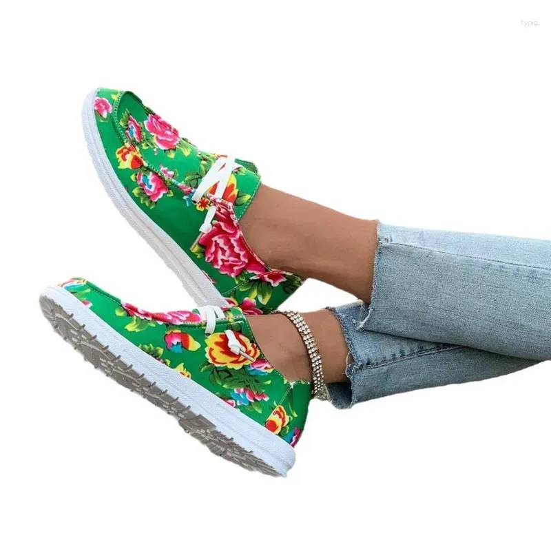 Casual Shoes Round Tie 2024 Large Women's Flat Canvas With Personalized Printed Color Block Single Comfortable Design