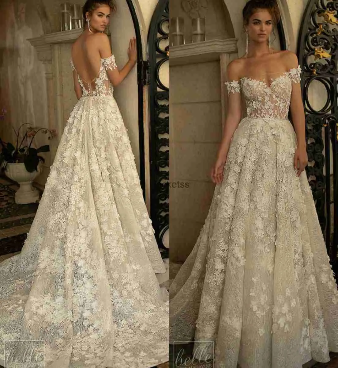 Berta Spring Wedding Dresses Off the Shoulder Backless 3D Floral Applique Plus Size Sequins Beach Bridal Bowns A Line Robe de Marie