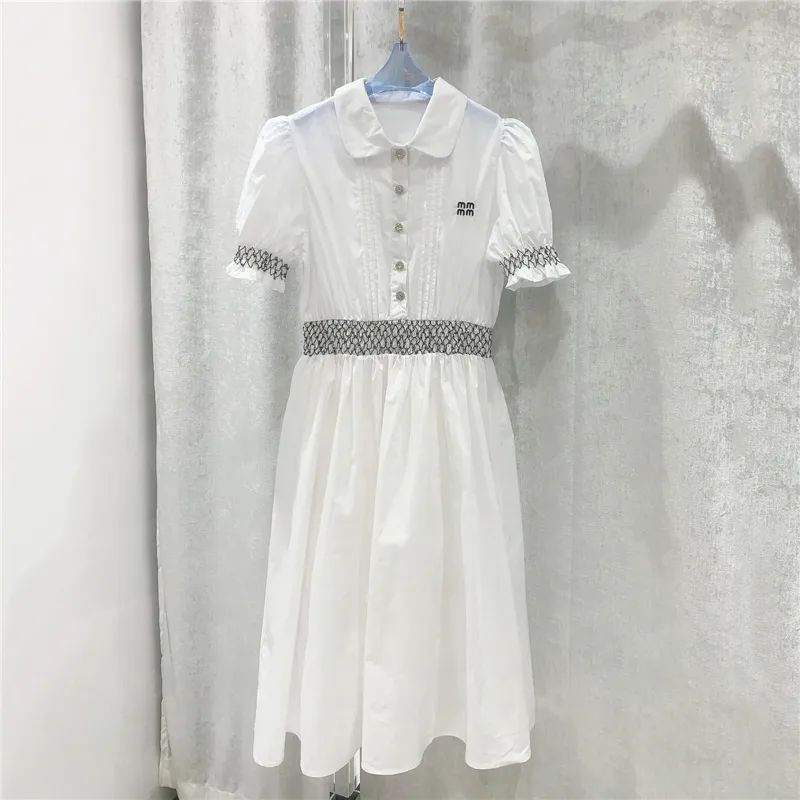 Puff Sleeve White Dresses For Women Fashion Rhinestone Button Summer Skirts Charm Ladies Designer Dress Vacation Wear