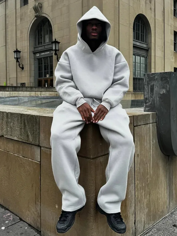 Mens Two Piece Pants Sets Acrylic Fleece Hoodie and Straight Pants