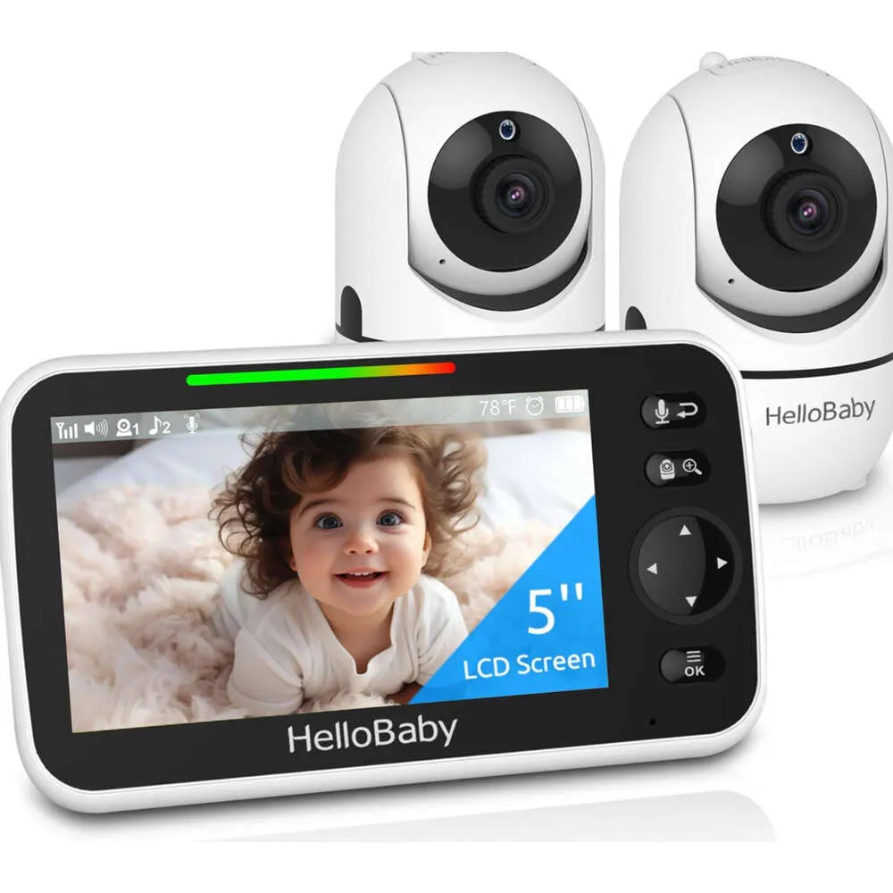 Hellobaby Upgrade 5 "Monitor de bebês com bateria de 26 horas, 2 câmeras, zoom de inclinação da panela, alcance de 1000 pés, áudio de vídeo, sem wifi, visão noturna, conversa bidirecional, 8 nádegas e temperatura