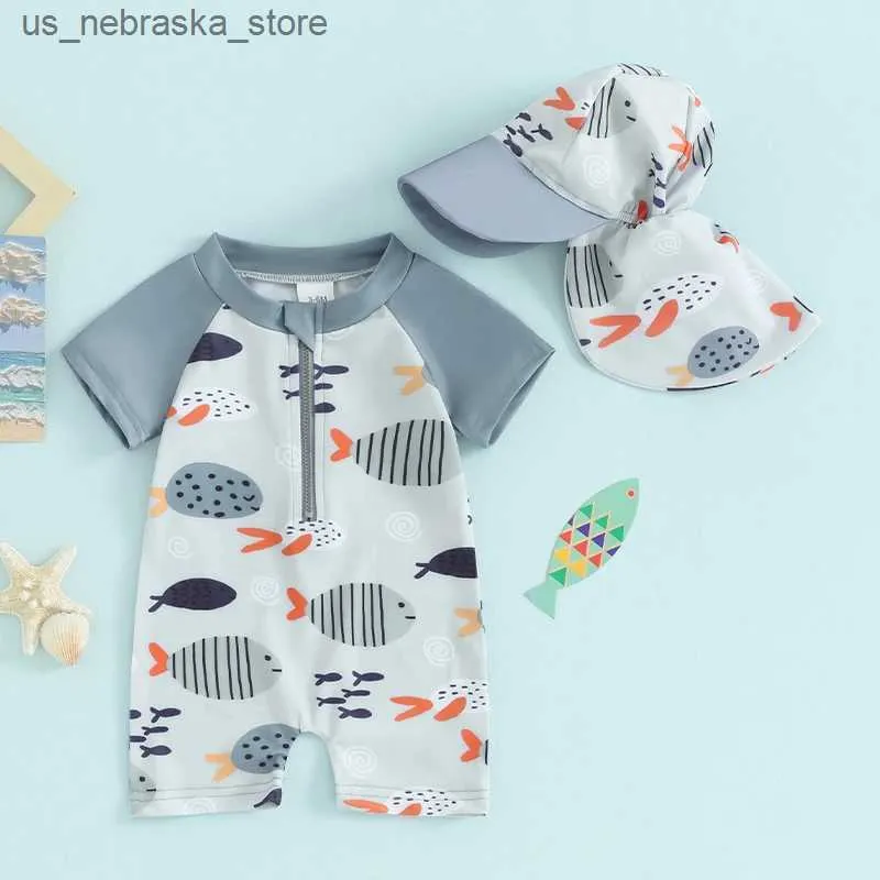 One-Pieces Summer Fashion Childrens Hautausschlagschutz Badeanzug süßer Cartoon Fischdruck kurzärmeliger Badeanzug Reißverschluss mit Hut Set Q240418