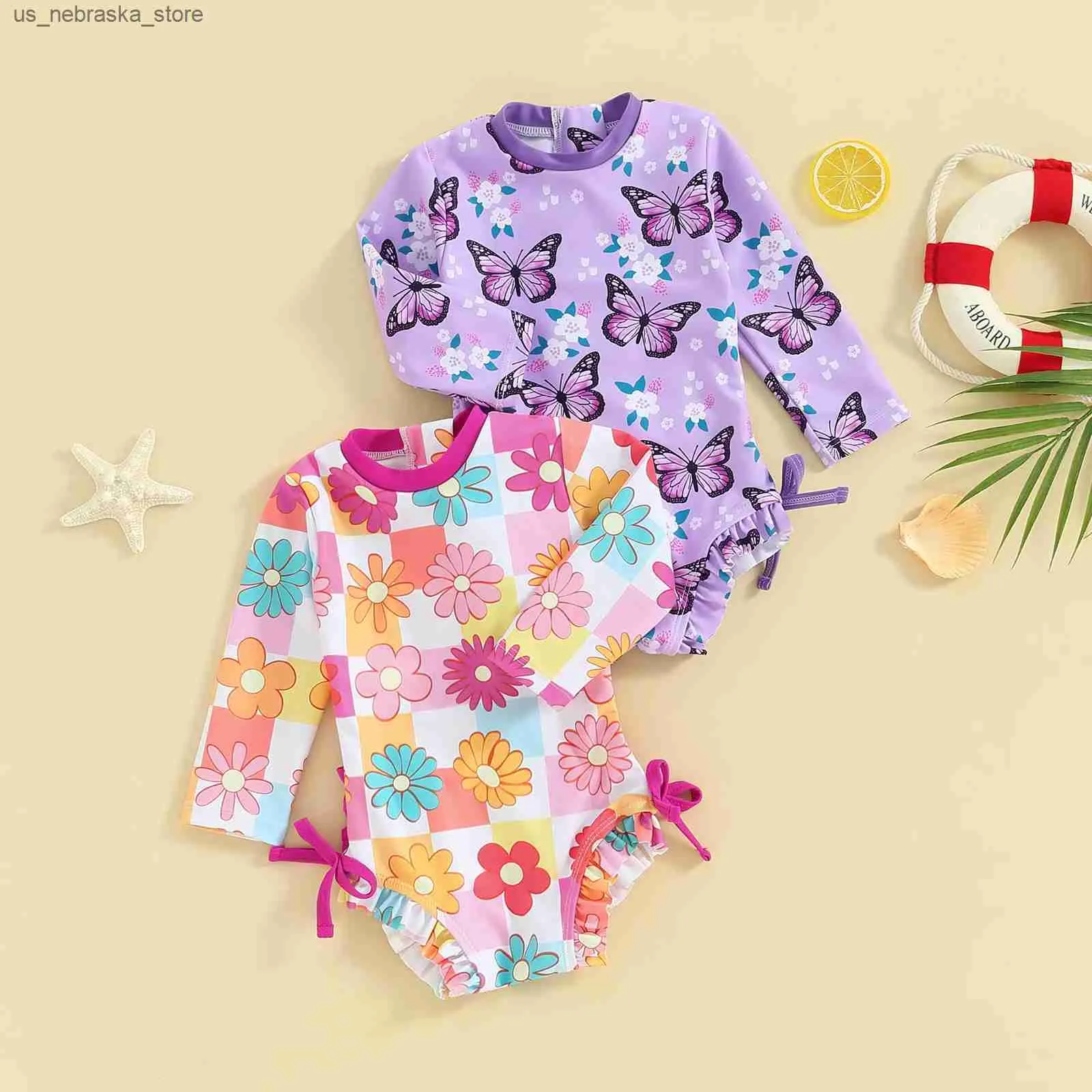 One-Pieces Baby Clothing Girl Swimsuit à manches longues Floral Butfly Print Bow Summer Swimsuit Q240418