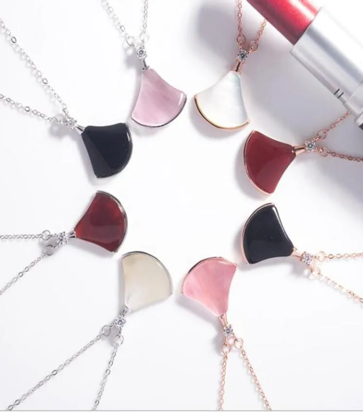 Solid 925 Sterling Silver Fan Shaped Pendant Necklace Black Agate Pink Opal Women Collarbone Necklaces Jewelry6731697