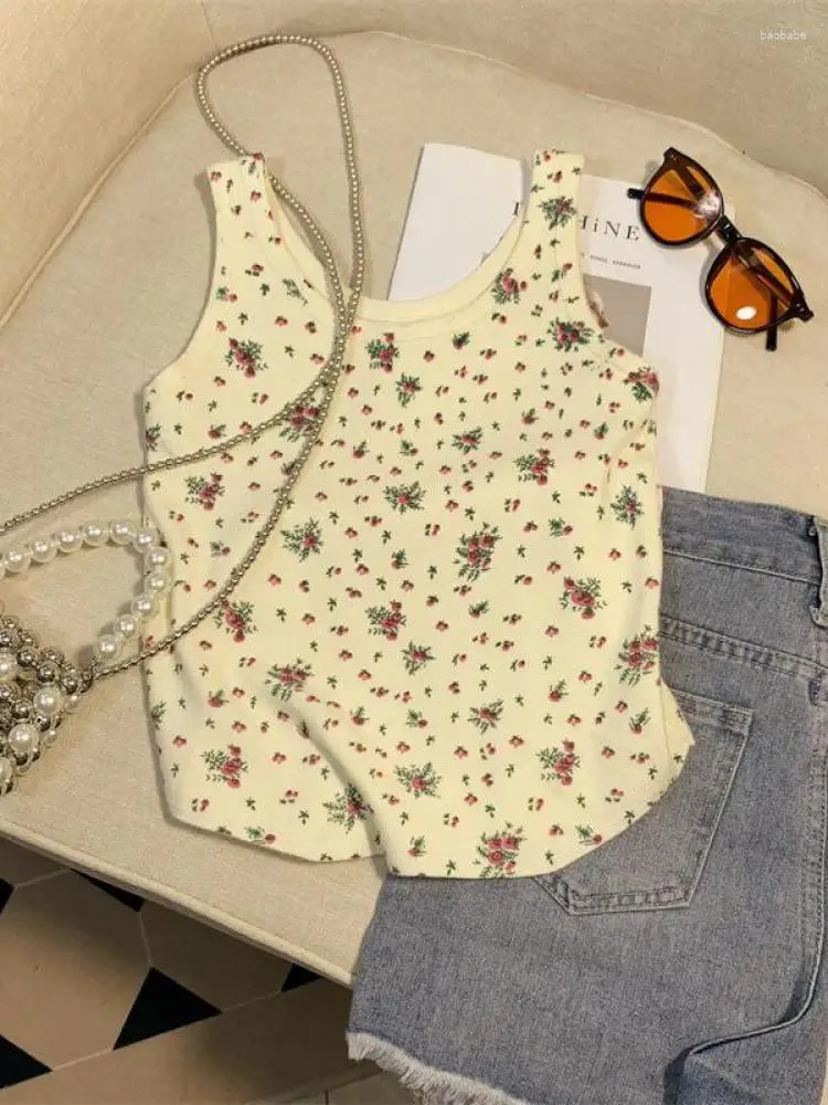 Damestanks beige bloem print cami crop tank tops lente zomer zwart sexy mouwloze camisole ronde nek elegant slank kort vest