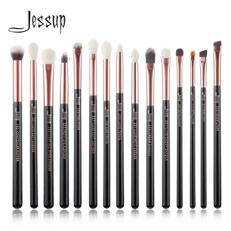 Jessup Makeup Brushes Set 15st Make Up Brush Tools Kit Eye Liner Shader Natural-Synthetic Hair Rose Gold/Black T157 240418