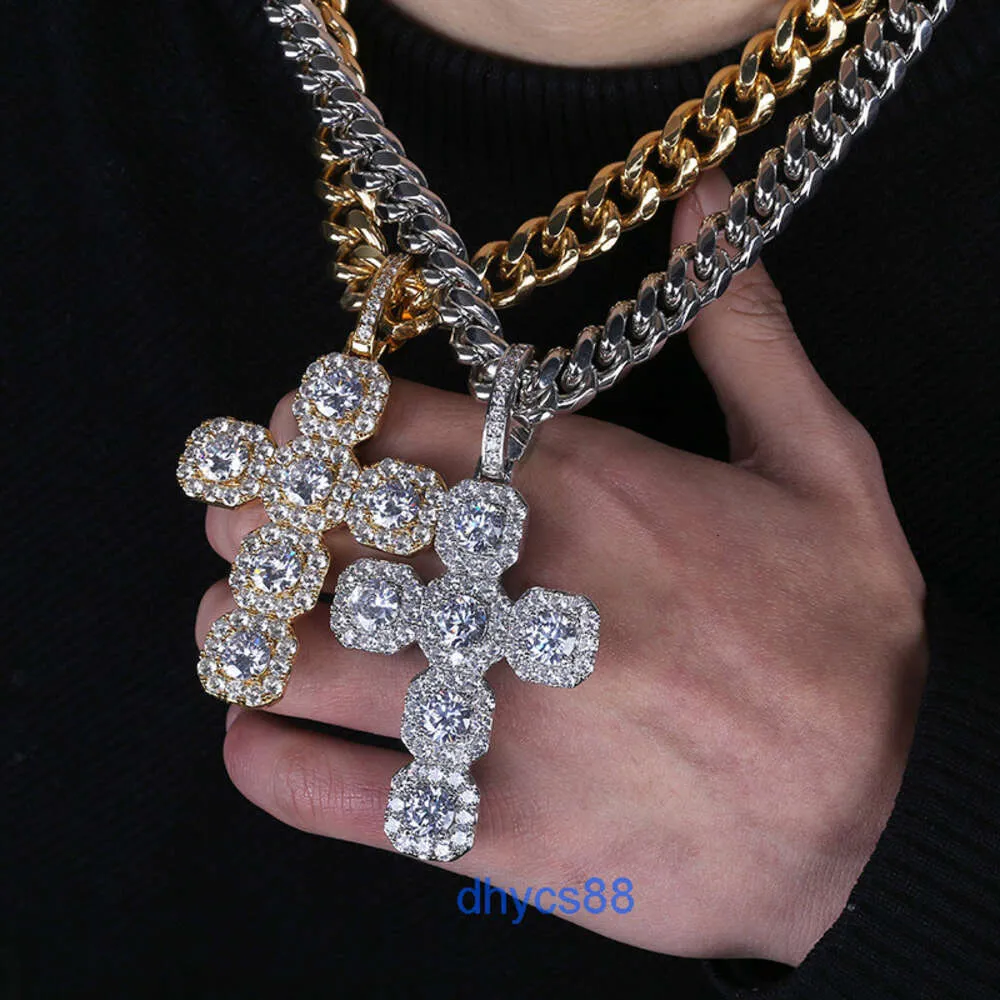 Ny stil stor stor 87mm Cross Pendant 14k Gold Plated Tarnish Free Diamond Charm Iced Chain Halsband Hiphop smycken