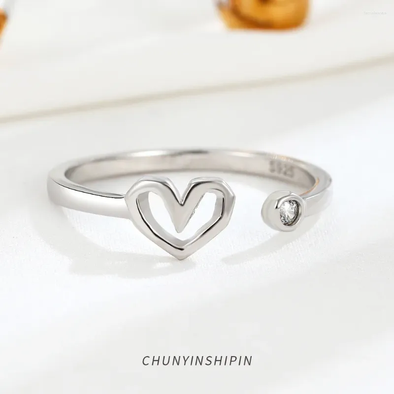 Clusterringen Minimalistische S925 Silver hartvormige ring voor vrouwen ins Persoonlijkheidsopening Index vinger Koreaanse stijl sieraden