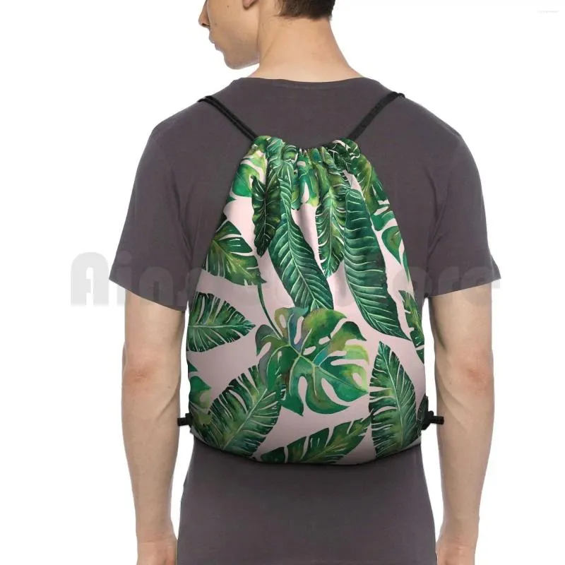 Backpack Jungle Folhas de banana monstera rosa sacos de cordão de ginástica Padrão de tinta à prova d'água Aquarela