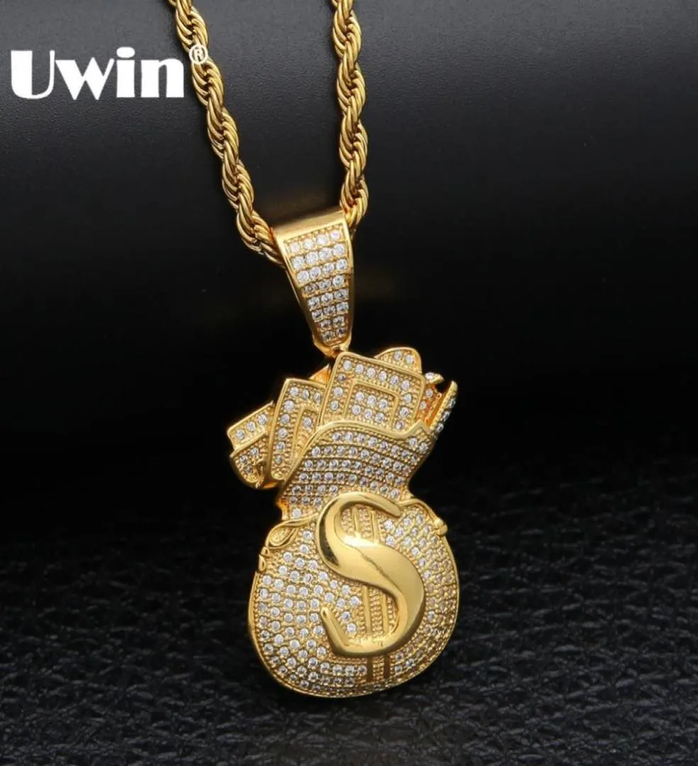 UWIN US Money Bag Necklace Pendant Full Bling Cubic Zirconia Iced Out Gold Chains Silver Gold Color Hiphop Jewelry for Men1241389