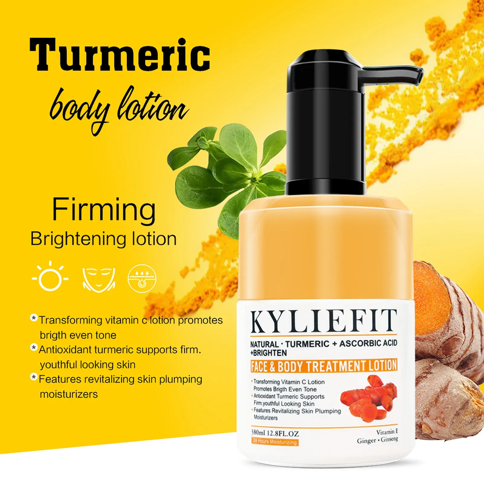 Limpadores Kyliefit Açafrão orgânico Loção, antioxidante, acalma, creme hidratante de brilho natural, para uso de rosto e corpo