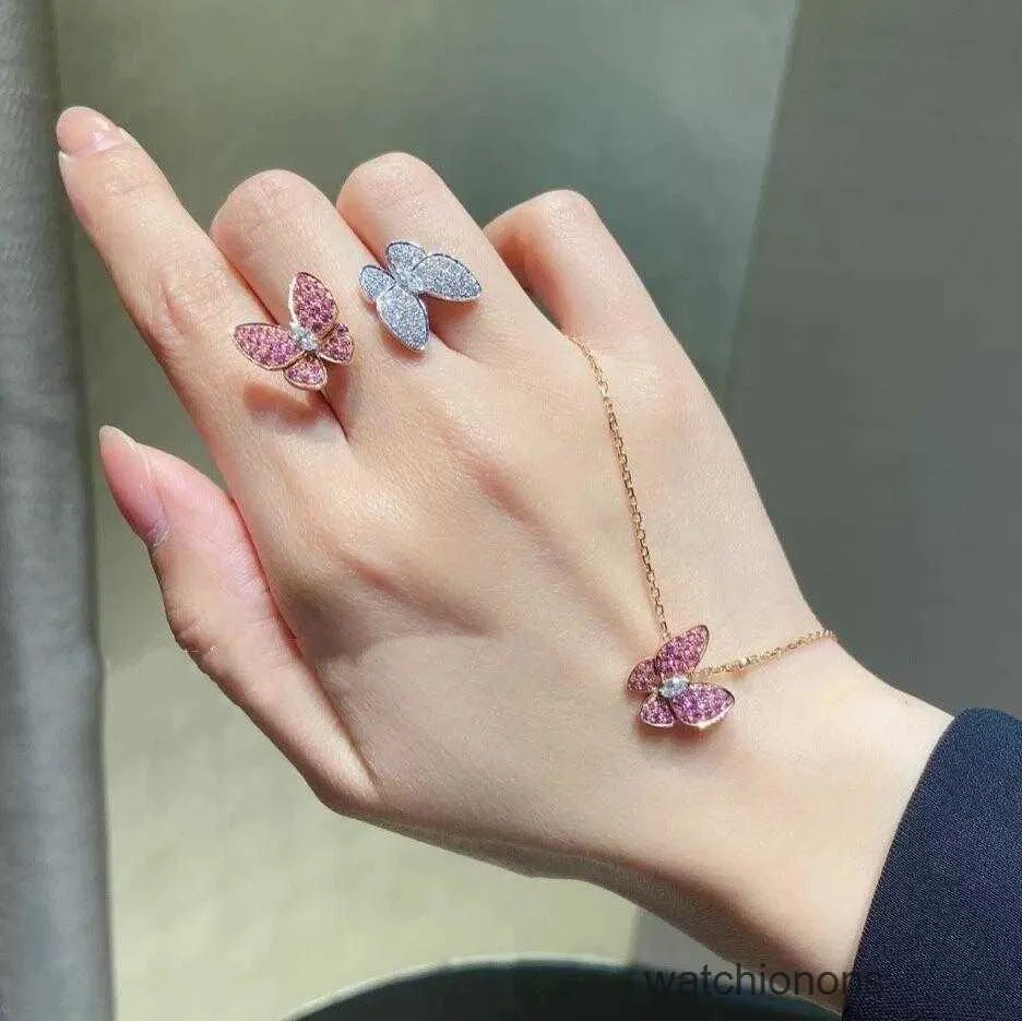 High-end Luxury Ring Fanjia Butterfly Necklace 925 Sterling Silver Plated 18K Gold Diamond Set Double Pink Ring Earrings