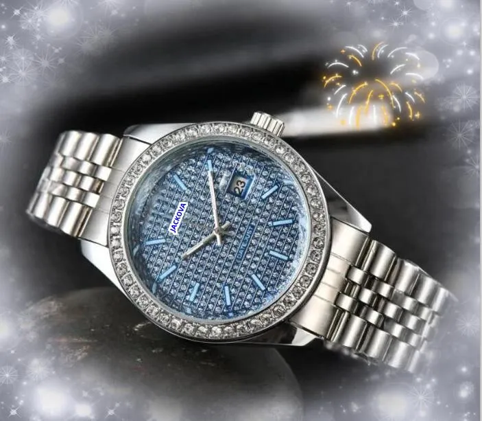Popular Selling unisex day date time week watch three stiches Crystal Diamonds Ring Dot Bezel Men Clock Women Quartz Battery Lady Shiny Starry Chain Bracelet watches
