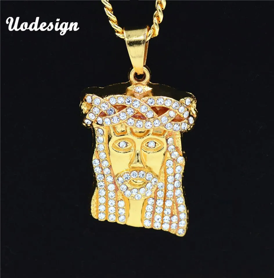 Uodesign HIP Hop Iced Out Crystal JESUS Christ Piece Head Face Pendants Necklaces Gold Chain for Men Jewelry3523258