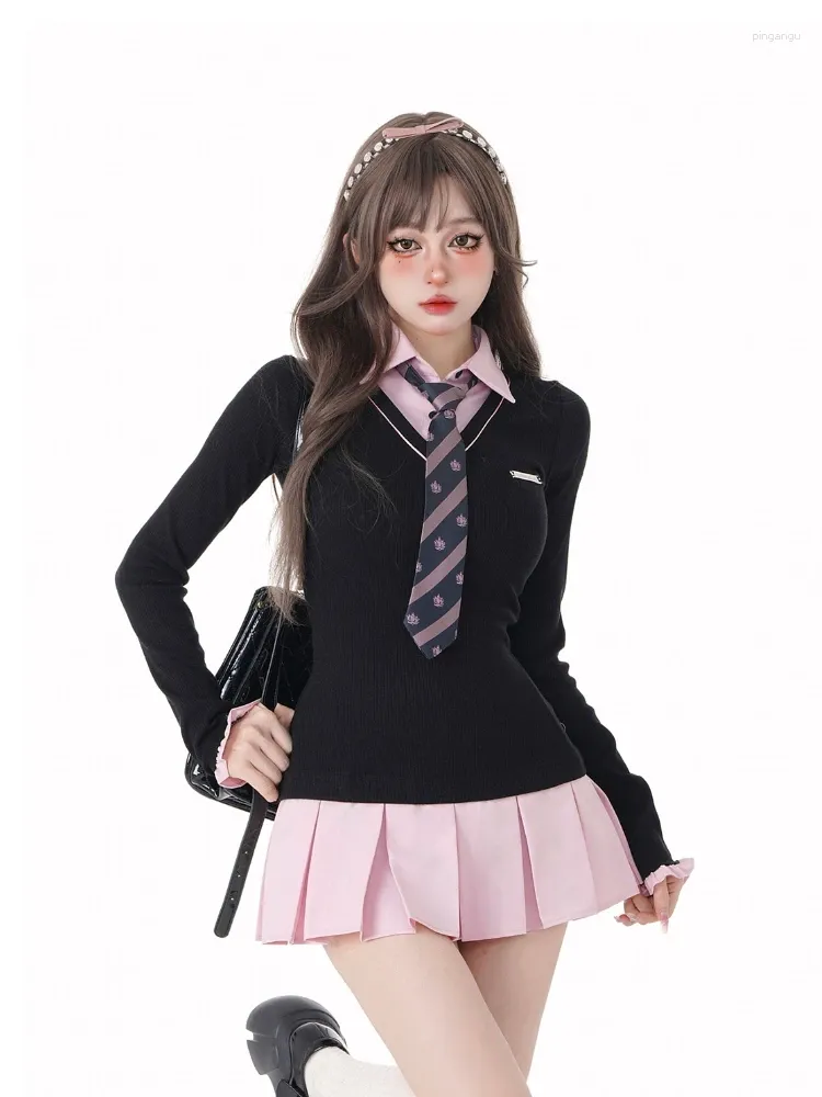 Casual Dresses Women Kpop Mini Black Pink Preppy Style Long Sleeve Shirts Dress With Tie Gyaru 2000s estetiska japanska y2k flicka i ett stycke