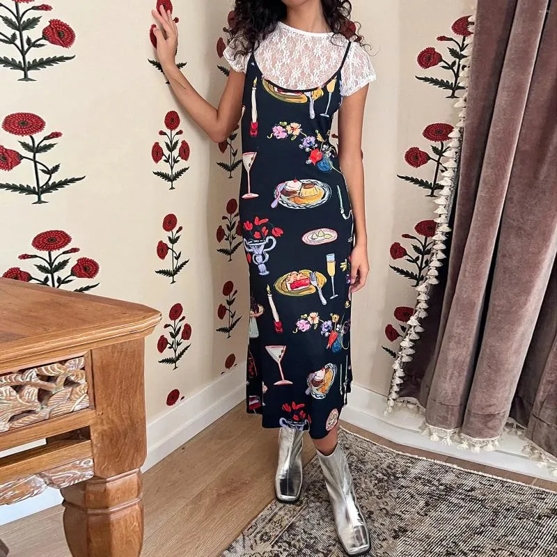 Casual Dresses Women Summer Print Bodycon Slip Dress Vintage Spaghetti Strap Maxi Cute Funny Flowy Party Dinner Vestidos