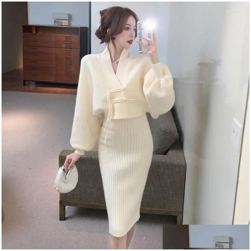 Work Dresses Women Dress Set Fashion Twist Knitted Cardigans And Skinny Female Streetwear Two Piece Suits Outfits Suit Femme G267 Drop Dhtyj