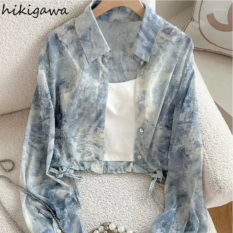 Women's Blouses Chiffon Women Shirts Slim Waist Summer 2024 Blusas Mujer De Moda Fashion Tie-dye Long Sleeve See Throught Blouse Tops