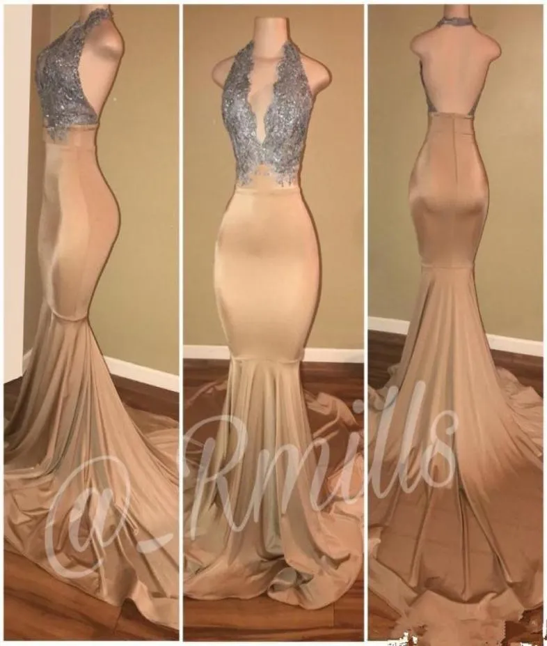 Silver Gold Champagne Prom Dresses Mermaid Sexig backless Halter Neck Formal African Black Girls Evening Dress Pageant Gowns7912391