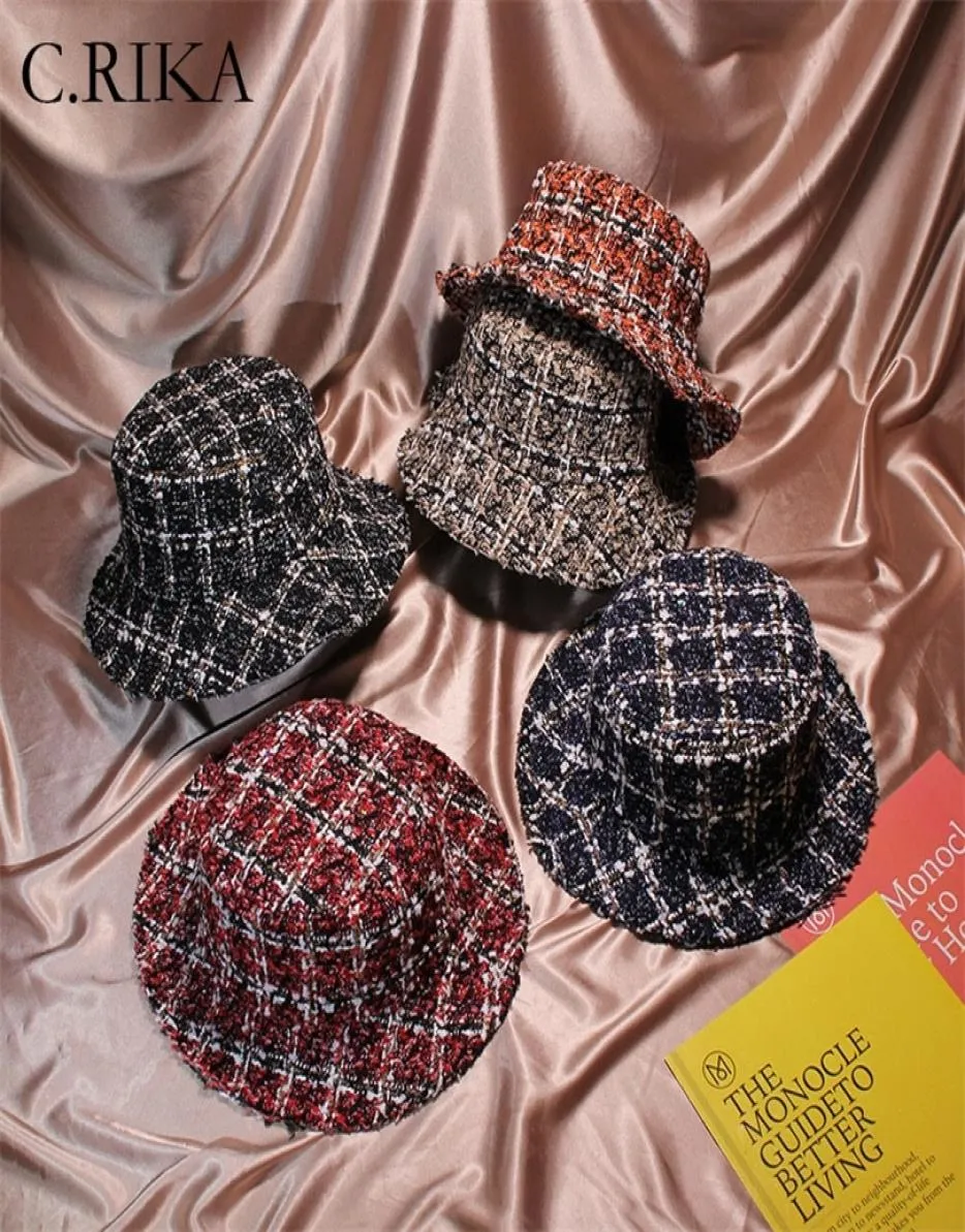 Automne Winter Femmes Tweed Chapeaux Baquet Caps Chic Plaid 5 Colours Fisherman Panama tricot Bucket Hat T2001164738578