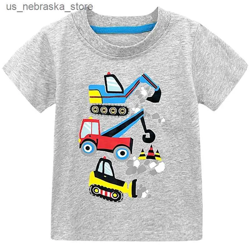 T-shirts förskolepojkar sommaren kortärmad crewneck t-shirt topp av linjen pojkar grävmaskin t-shirt kortärmade barnkläder 2-7 år Q240418