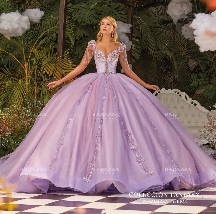 Lilac Lavender Princess Robes de quinceanera 2024 Viens de lacets de corset de luxe Crystal Crystal Vestidos de XV Anos Sweet 15 robe