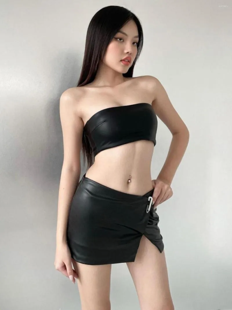 Women's Two Piece Pants Fashion Sexy Wind Black PU Leather Slit Tube Top