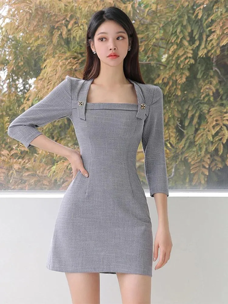 Casual jurken Koreaanse mode dames vintage houndstooth korte vrouwen kleding elegante sexy vierkante kraag slanke mini -jurk mujer vestidos