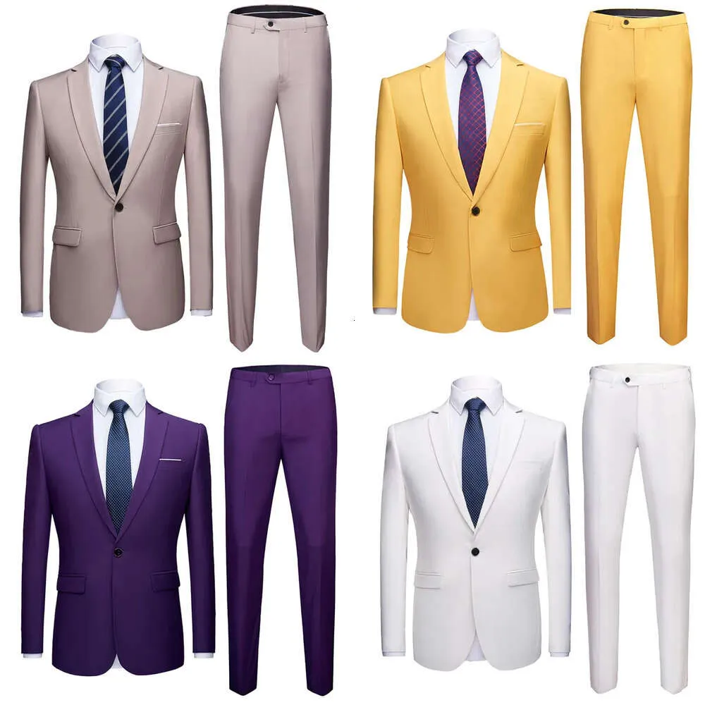 Szczupły żółty dopasowanie imprezy ślubnej pojedynczej przyciski Męskie garnitury Formal Business Casual 2 sztuki SUPE (kurtka+spodnie) dla mężczyzn 210524 1054