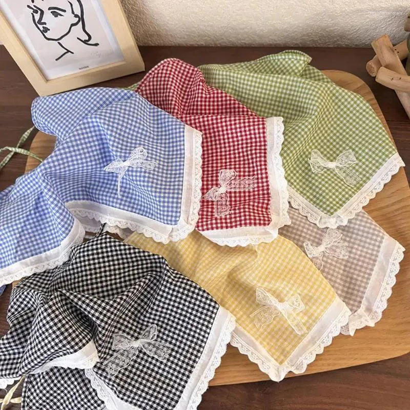 Scarves Pastoral Style Lattice Hair Scarf Fashion Triangle Headscarf Adjustable Headwear Bow Headband