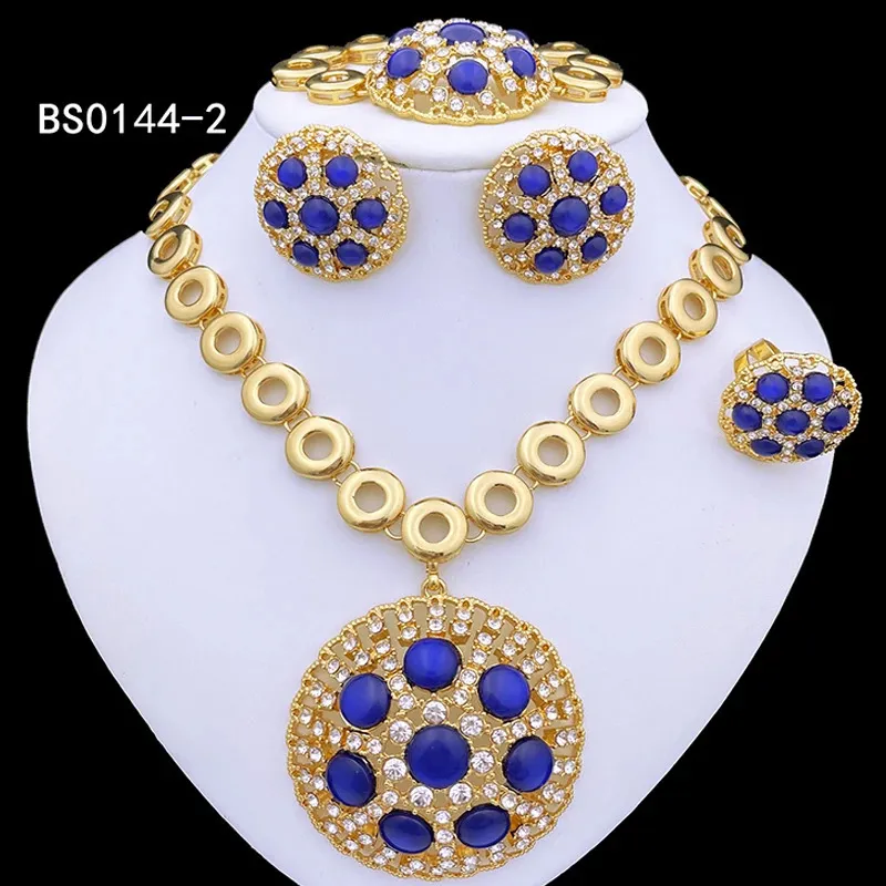 Italian Luxury Design Jewelry Set For Women Party Classic Blue Round Pendant Necklace Earrings Bracelet And Ring 240402