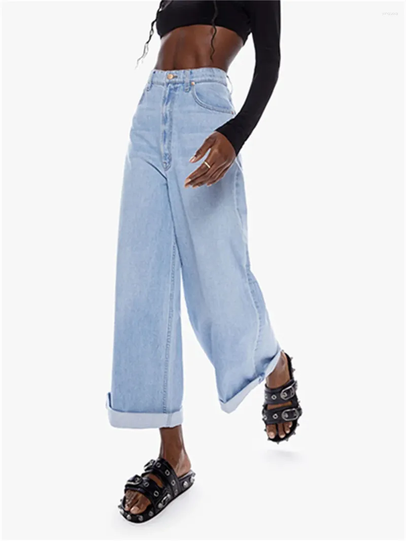 Kvinnors jeans ljusblå lös casual 2024 mode hög midja kvinnlig denim bred ben långa byxor vår sommar
